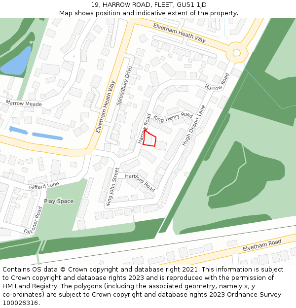 19, HARROW ROAD, FLEET, GU51 1JD: Location map and indicative extent of plot