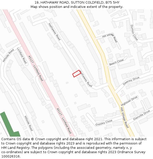 19, HATHAWAY ROAD, SUTTON COLDFIELD, B75 5HY: Location map and indicative extent of plot