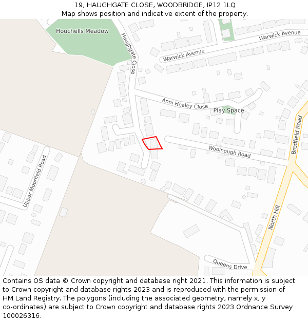 19, HAUGHGATE CLOSE, WOODBRIDGE, IP12 1LQ: Location map and indicative extent of plot