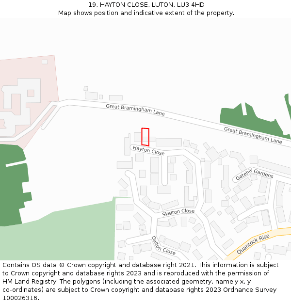 19, HAYTON CLOSE, LUTON, LU3 4HD: Location map and indicative extent of plot