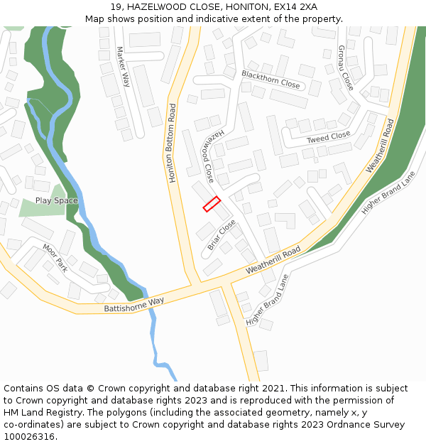 19, HAZELWOOD CLOSE, HONITON, EX14 2XA: Location map and indicative extent of plot