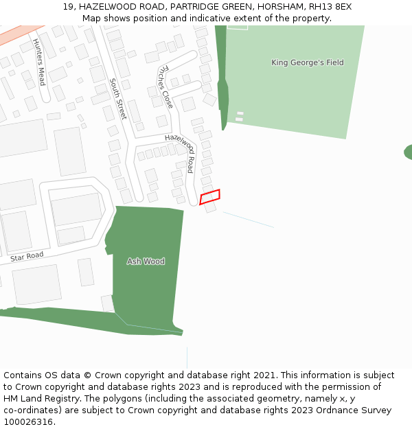 19, HAZELWOOD ROAD, PARTRIDGE GREEN, HORSHAM, RH13 8EX: Location map and indicative extent of plot