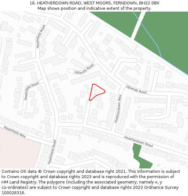 19, HEATHERDOWN ROAD, WEST MOORS, FERNDOWN, BH22 0BX: Location map and indicative extent of plot