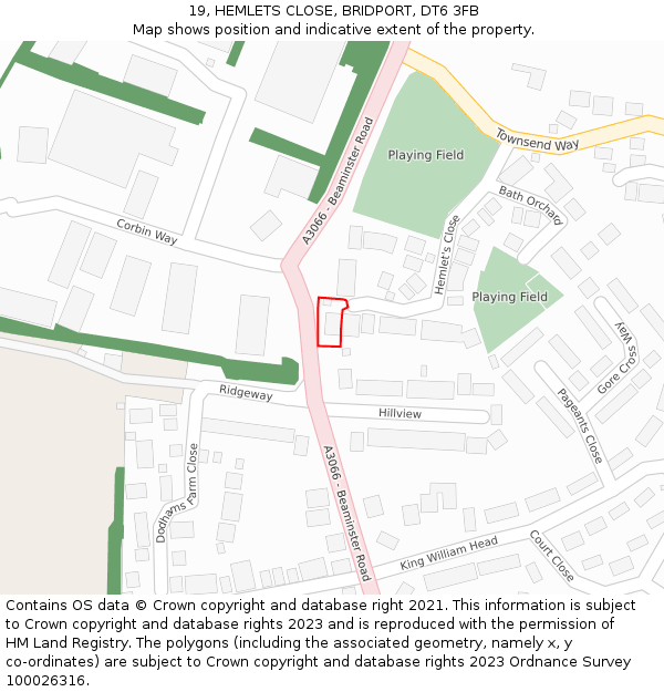 19, HEMLETS CLOSE, BRIDPORT, DT6 3FB: Location map and indicative extent of plot