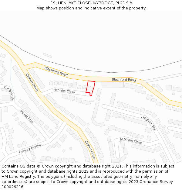 19, HENLAKE CLOSE, IVYBRIDGE, PL21 9JA: Location map and indicative extent of plot