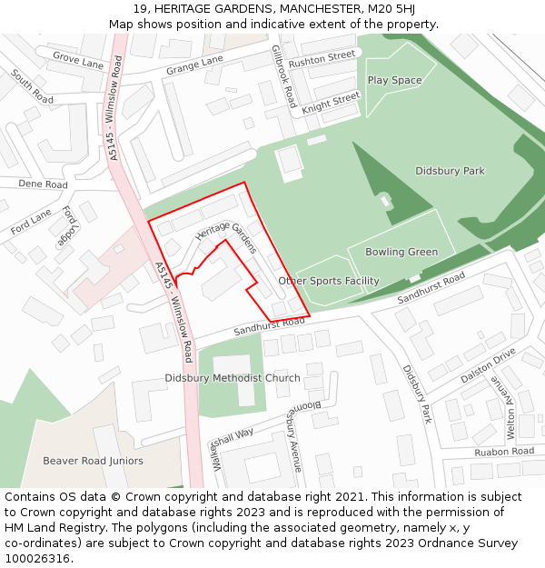 19, HERITAGE GARDENS, MANCHESTER, M20 5HJ: Location map and indicative extent of plot