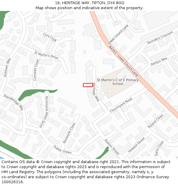 19, HERITAGE WAY, TIPTON, DY4 8GG: Location map and indicative extent of plot