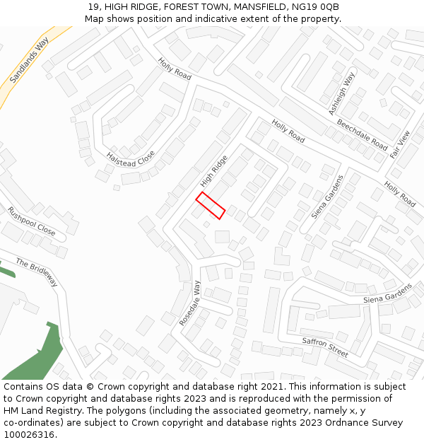 19, HIGH RIDGE, FOREST TOWN, MANSFIELD, NG19 0QB: Location map and indicative extent of plot