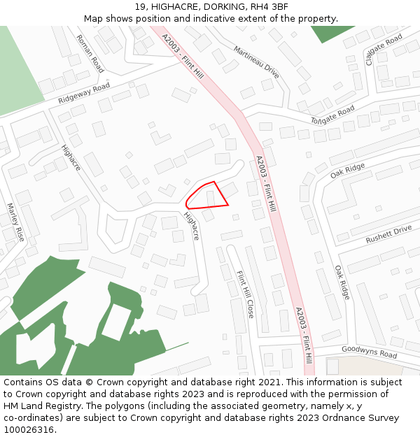 19, HIGHACRE, DORKING, RH4 3BF: Location map and indicative extent of plot