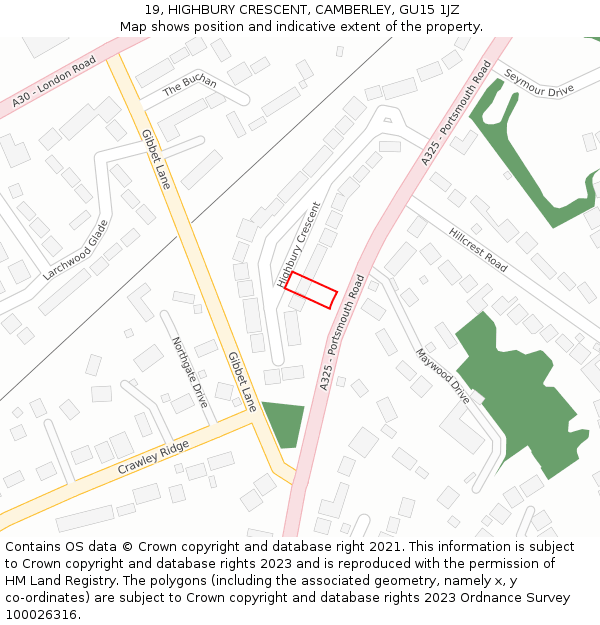 19, HIGHBURY CRESCENT, CAMBERLEY, GU15 1JZ: Location map and indicative extent of plot