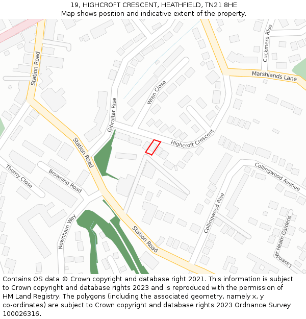 19, HIGHCROFT CRESCENT, HEATHFIELD, TN21 8HE: Location map and indicative extent of plot