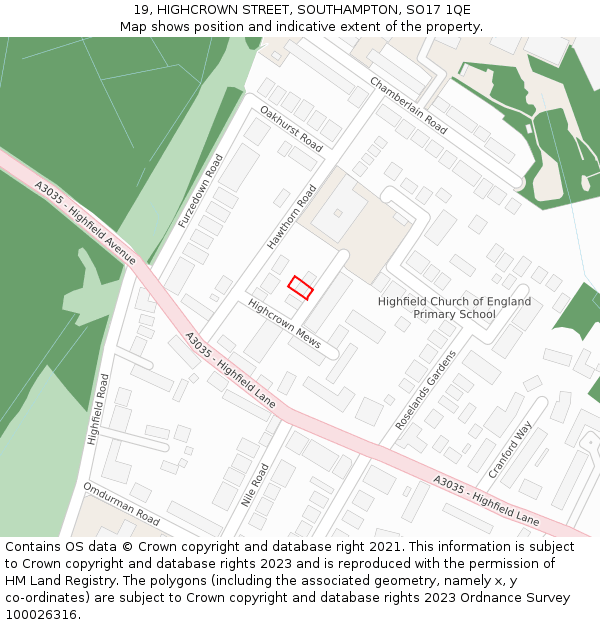 19, HIGHCROWN STREET, SOUTHAMPTON, SO17 1QE: Location map and indicative extent of plot