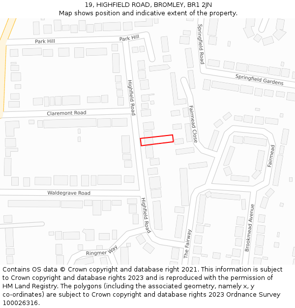 19, HIGHFIELD ROAD, BROMLEY, BR1 2JN: Location map and indicative extent of plot
