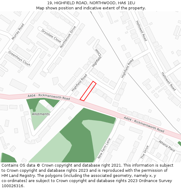19, HIGHFIELD ROAD, NORTHWOOD, HA6 1EU: Location map and indicative extent of plot