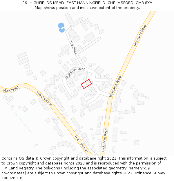 19, HIGHFIELDS MEAD, EAST HANNINGFIELD, CHELMSFORD, CM3 8XA: Location map and indicative extent of plot