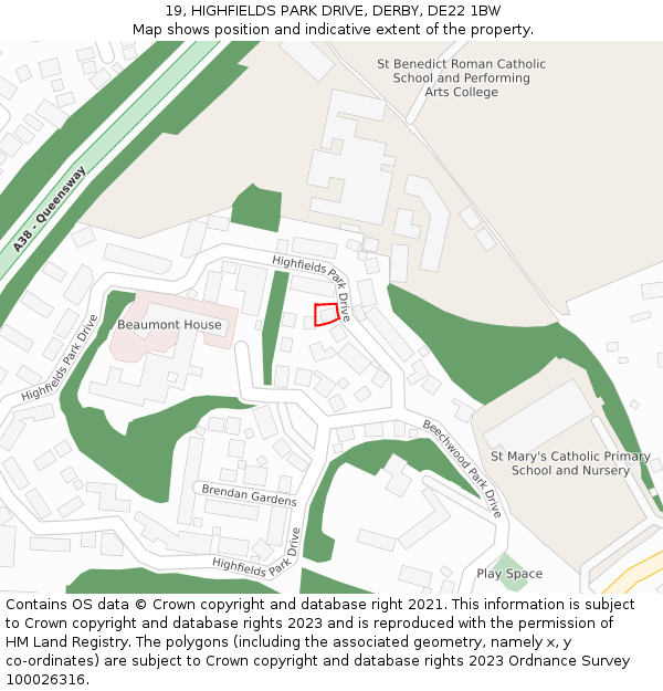 19, HIGHFIELDS PARK DRIVE, DERBY, DE22 1BW: Location map and indicative extent of plot
