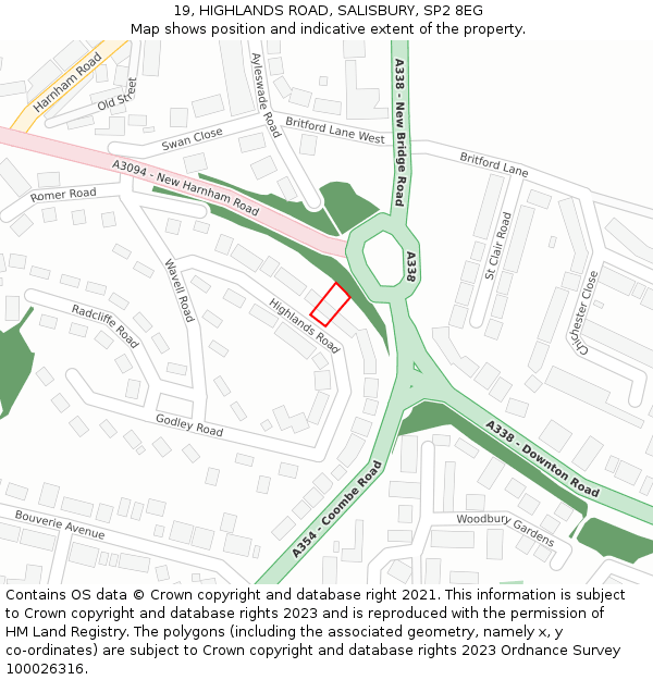 19, HIGHLANDS ROAD, SALISBURY, SP2 8EG: Location map and indicative extent of plot