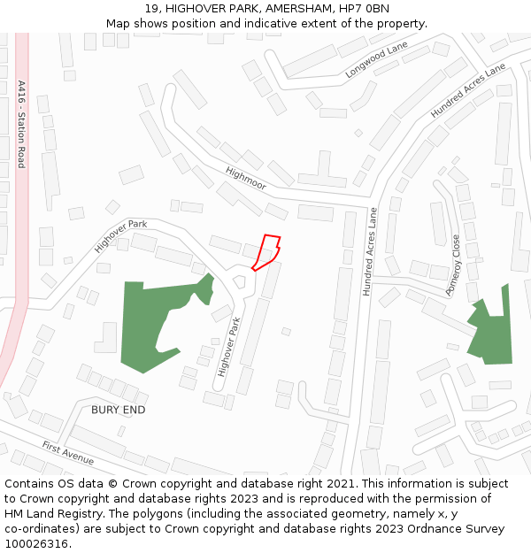 19, HIGHOVER PARK, AMERSHAM, HP7 0BN: Location map and indicative extent of plot