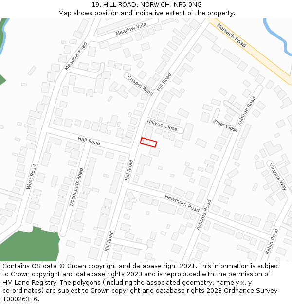 19, HILL ROAD, NORWICH, NR5 0NG: Location map and indicative extent of plot