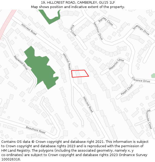 19, HILLCREST ROAD, CAMBERLEY, GU15 1LF: Location map and indicative extent of plot