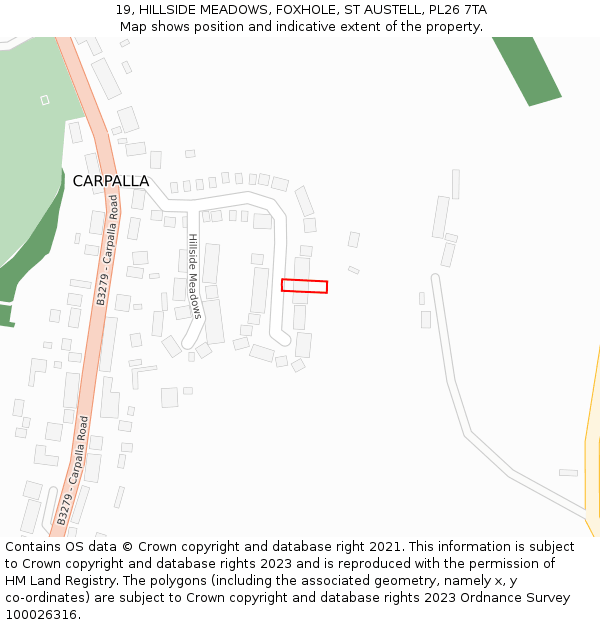 19, HILLSIDE MEADOWS, FOXHOLE, ST AUSTELL, PL26 7TA: Location map and indicative extent of plot