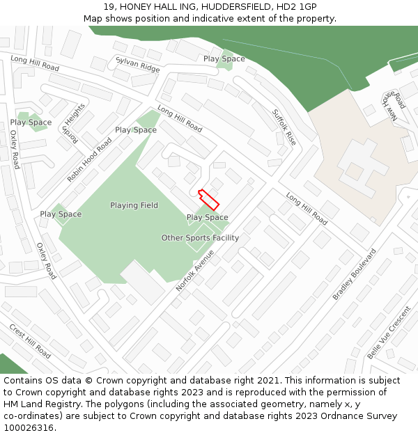 19, HONEY HALL ING, HUDDERSFIELD, HD2 1GP: Location map and indicative extent of plot