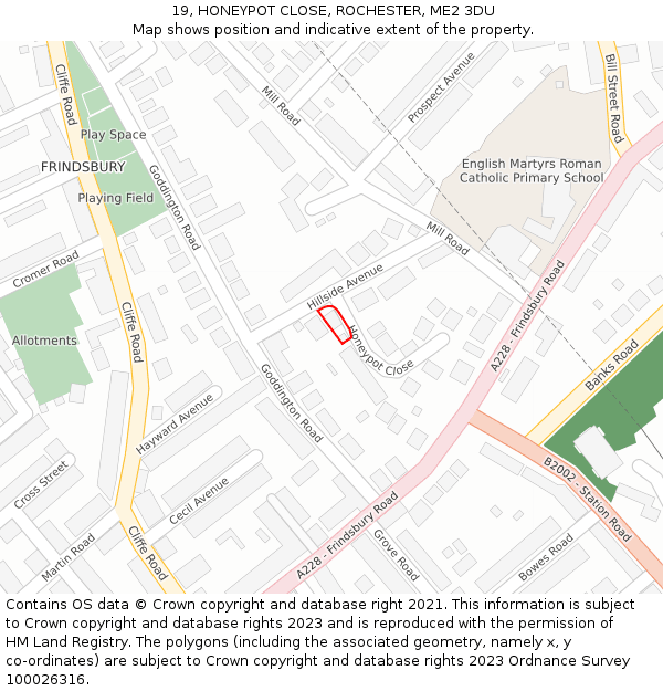 19, HONEYPOT CLOSE, ROCHESTER, ME2 3DU: Location map and indicative extent of plot