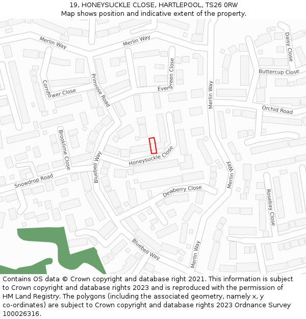 19, HONEYSUCKLE CLOSE, HARTLEPOOL, TS26 0RW: Location map and indicative extent of plot