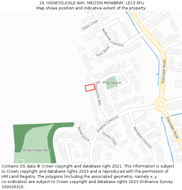 19, HONEYSUCKLE WAY, MELTON MOWBRAY, LE13 0FU: Location map and indicative extent of plot
