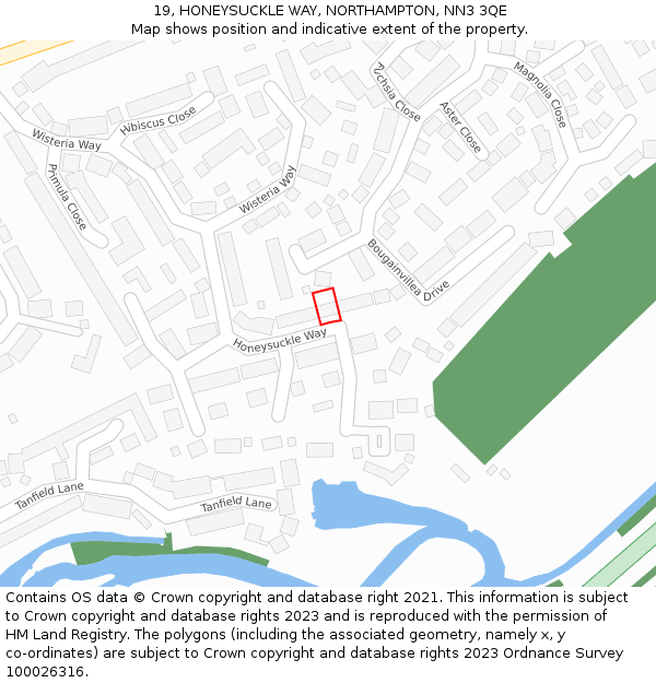 19, HONEYSUCKLE WAY, NORTHAMPTON, NN3 3QE: Location map and indicative extent of plot