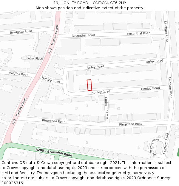 19, HONLEY ROAD, LONDON, SE6 2HY: Location map and indicative extent of plot