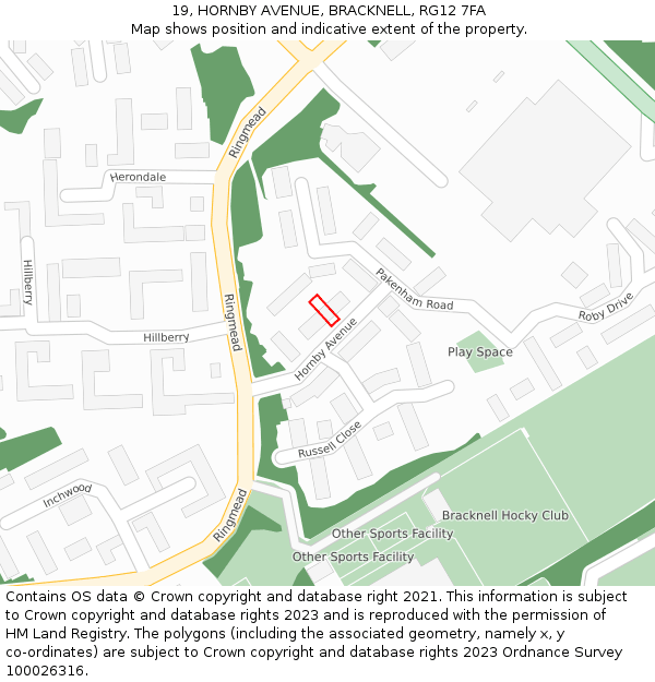 19, HORNBY AVENUE, BRACKNELL, RG12 7FA: Location map and indicative extent of plot