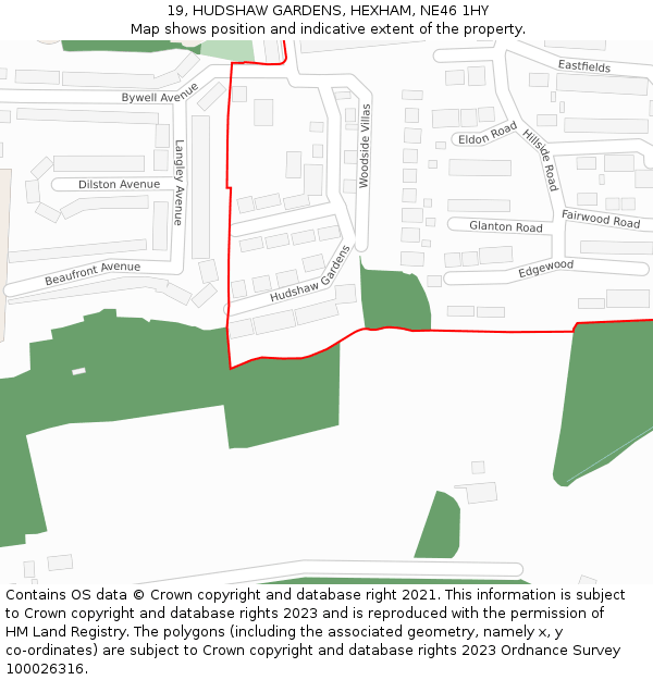 19, HUDSHAW GARDENS, HEXHAM, NE46 1HY: Location map and indicative extent of plot
