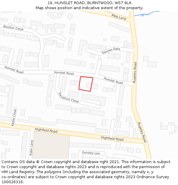 19, HUNSLET ROAD, BURNTWOOD, WS7 9LA: Location map and indicative extent of plot