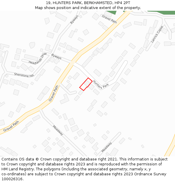 19, HUNTERS PARK, BERKHAMSTED, HP4 2PT: Location map and indicative extent of plot