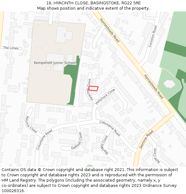 19, HYACINTH CLOSE, BASINGSTOKE, RG22 5RE: Location map and indicative extent of plot