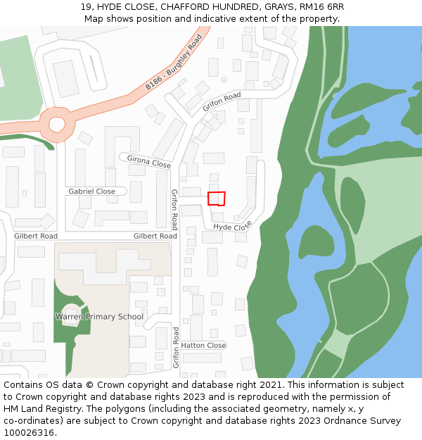 19, HYDE CLOSE, CHAFFORD HUNDRED, GRAYS, RM16 6RR: Location map and indicative extent of plot
