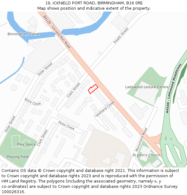 19, ICKNIELD PORT ROAD, BIRMINGHAM, B16 0RE: Location map and indicative extent of plot