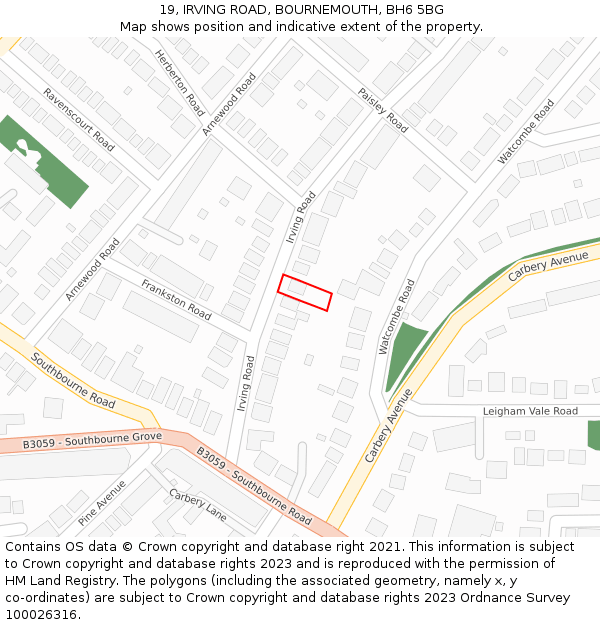 19, IRVING ROAD, BOURNEMOUTH, BH6 5BG: Location map and indicative extent of plot