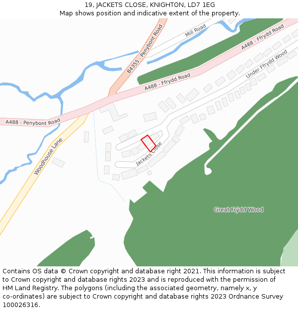19, JACKETS CLOSE, KNIGHTON, LD7 1EG: Location map and indicative extent of plot