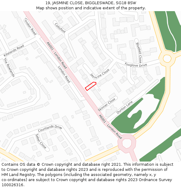 19, JASMINE CLOSE, BIGGLESWADE, SG18 8SW: Location map and indicative extent of plot