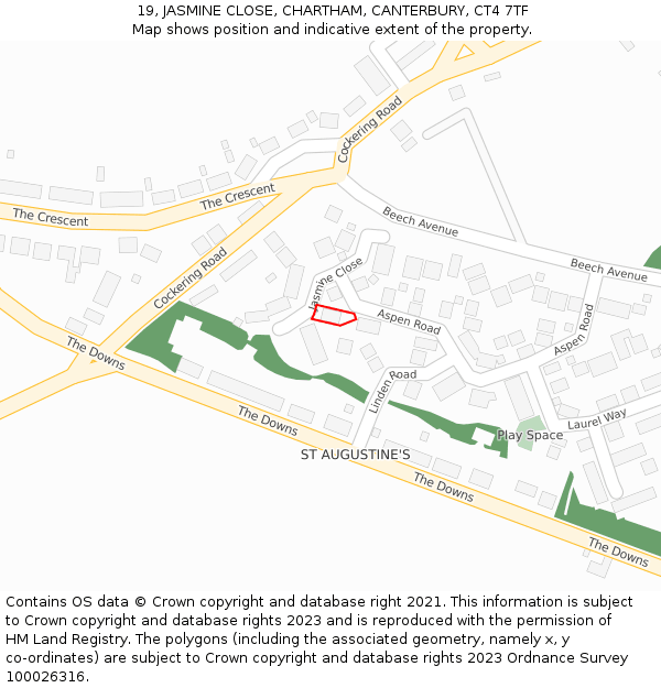 19, JASMINE CLOSE, CHARTHAM, CANTERBURY, CT4 7TF: Location map and indicative extent of plot