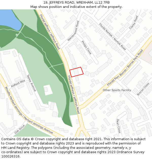 19, JEFFREYS ROAD, WREXHAM, LL12 7PB: Location map and indicative extent of plot