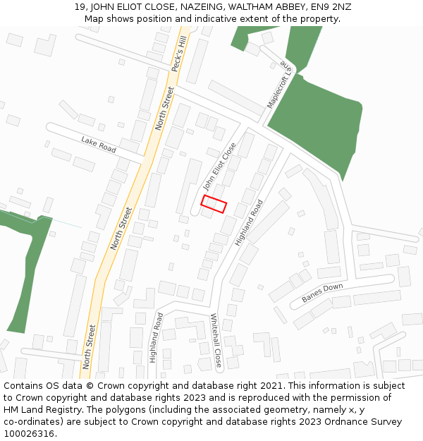 19, JOHN ELIOT CLOSE, NAZEING, WALTHAM ABBEY, EN9 2NZ: Location map and indicative extent of plot