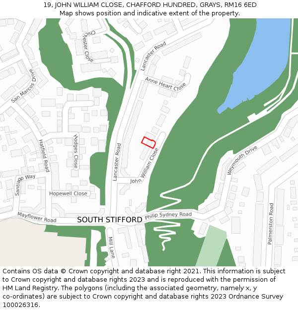 19, JOHN WILLIAM CLOSE, CHAFFORD HUNDRED, GRAYS, RM16 6ED: Location map and indicative extent of plot