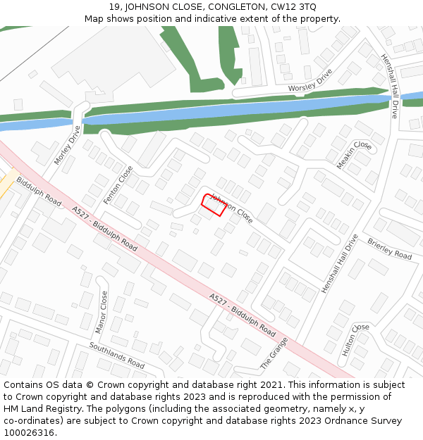 19, JOHNSON CLOSE, CONGLETON, CW12 3TQ: Location map and indicative extent of plot