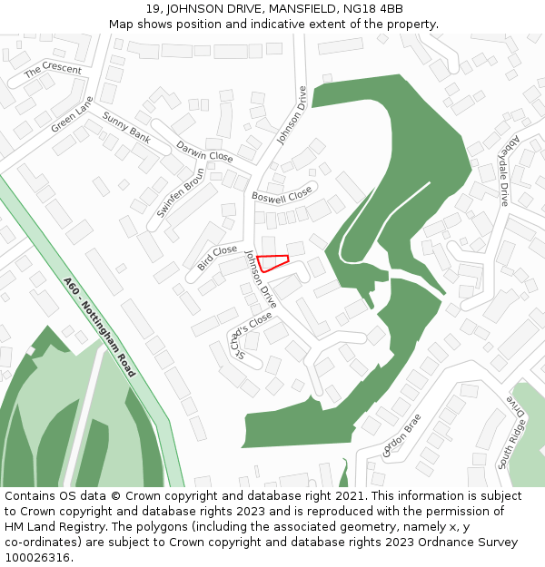 19, JOHNSON DRIVE, MANSFIELD, NG18 4BB: Location map and indicative extent of plot