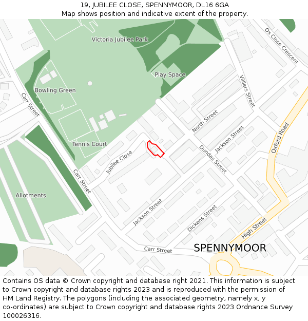 19, JUBILEE CLOSE, SPENNYMOOR, DL16 6GA: Location map and indicative extent of plot