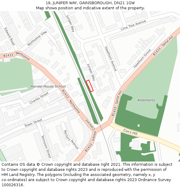 19, JUNIPER WAY, GAINSBOROUGH, DN21 1GW: Location map and indicative extent of plot