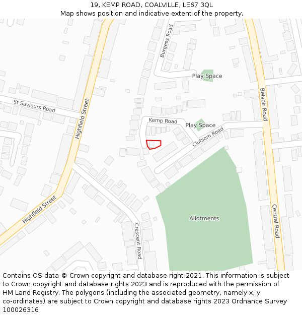 19, KEMP ROAD, COALVILLE, LE67 3QL: Location map and indicative extent of plot